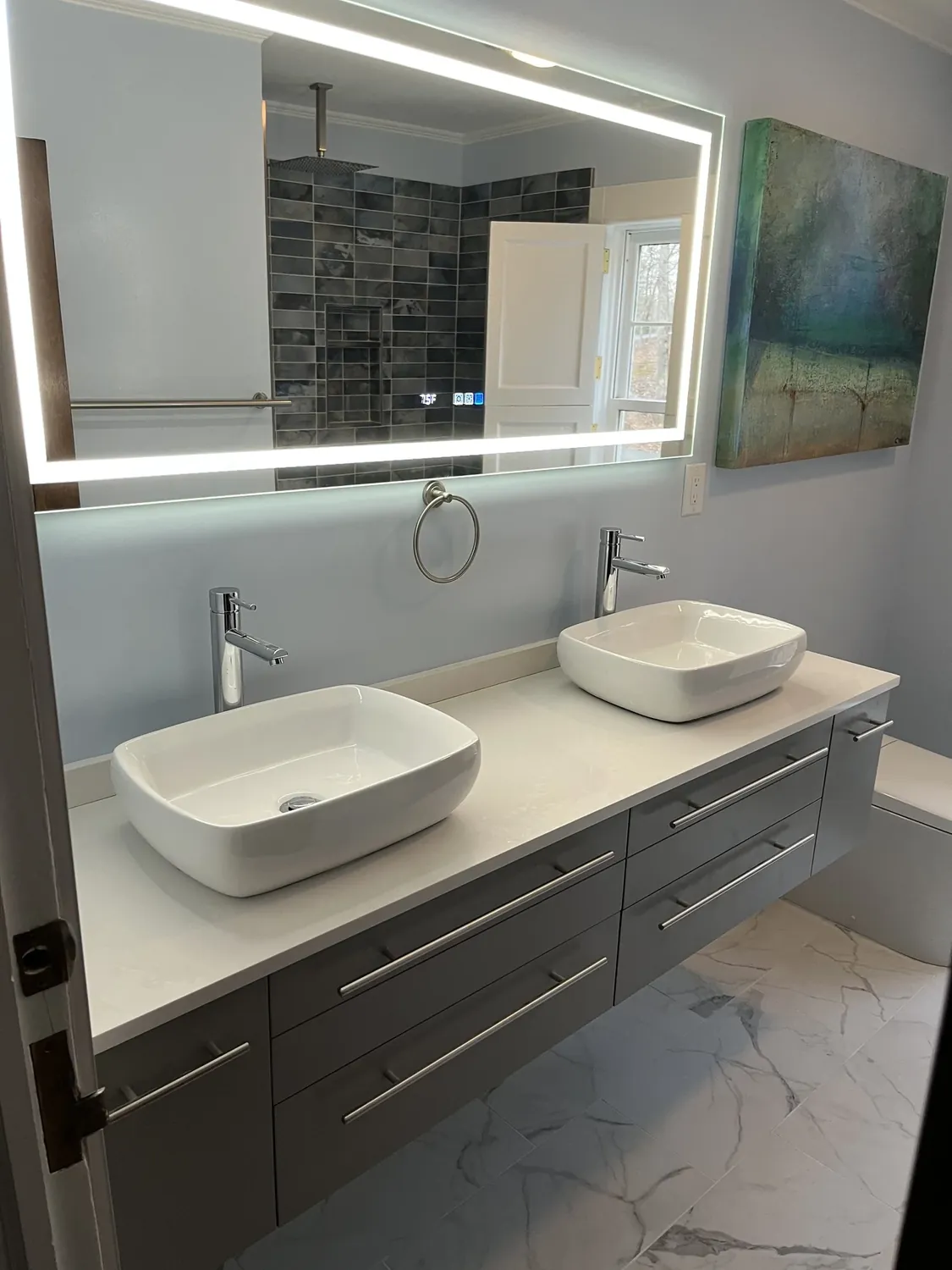 Modern master bathroom vanity with vessel sinks and LED mirror